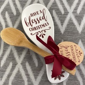 Ceramic Have a Blessed Christmas Spoon Rest & Wooden Spoon NWT Hostess Gift
